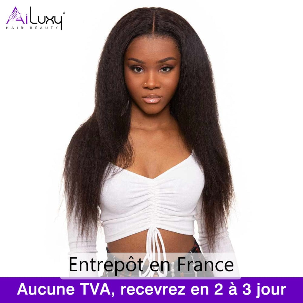 （En france）AILUXY 4x4 Lace Frontal 200%densité Perruque Kinky Lisse Perruque Longue Noir 100% Cheveux Humains comme sur la vidéo 2 - 3 jours reçus+Un beau cadeau