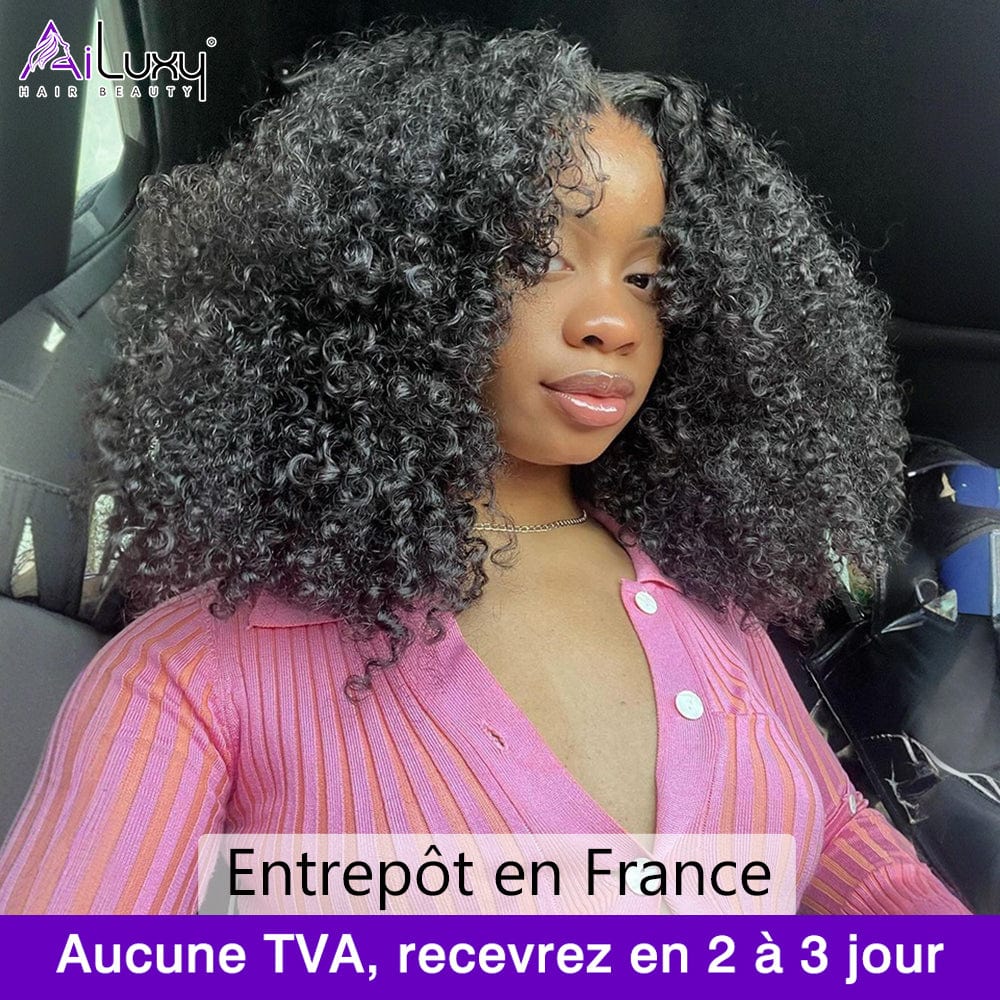 AILUXY Perruque Sans Colle 13x4 Lace Closure Perruque BOB Curly 200% densité 100% Cheveux humains comme sur la vidéo 2 - 3 jours reçus+Un beau cadeau