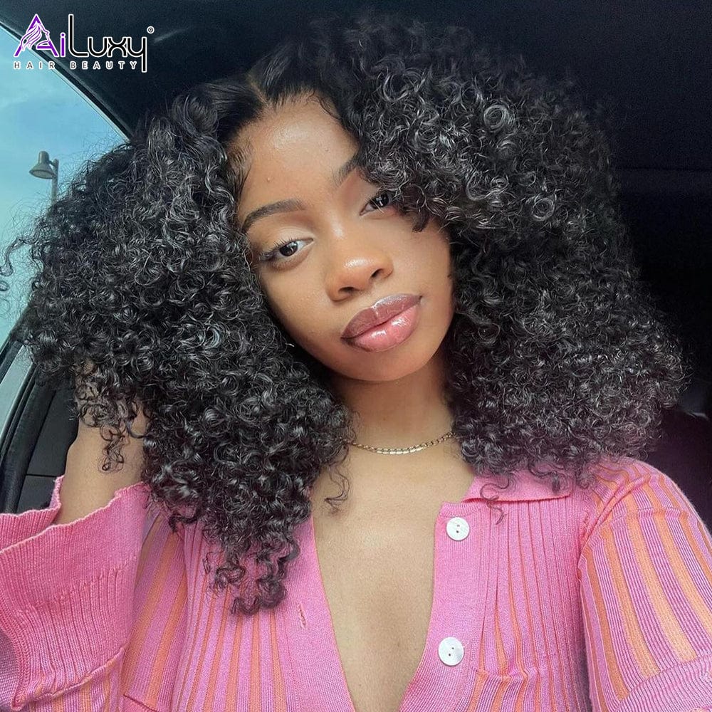 AILUXY Perruque Sans Colle 13x4 Lace Closure Perruque BOB Curly 200% densité 100% Cheveux humains comme sur la vidéo 2 - 3 jours reçus+Un beau cadeau