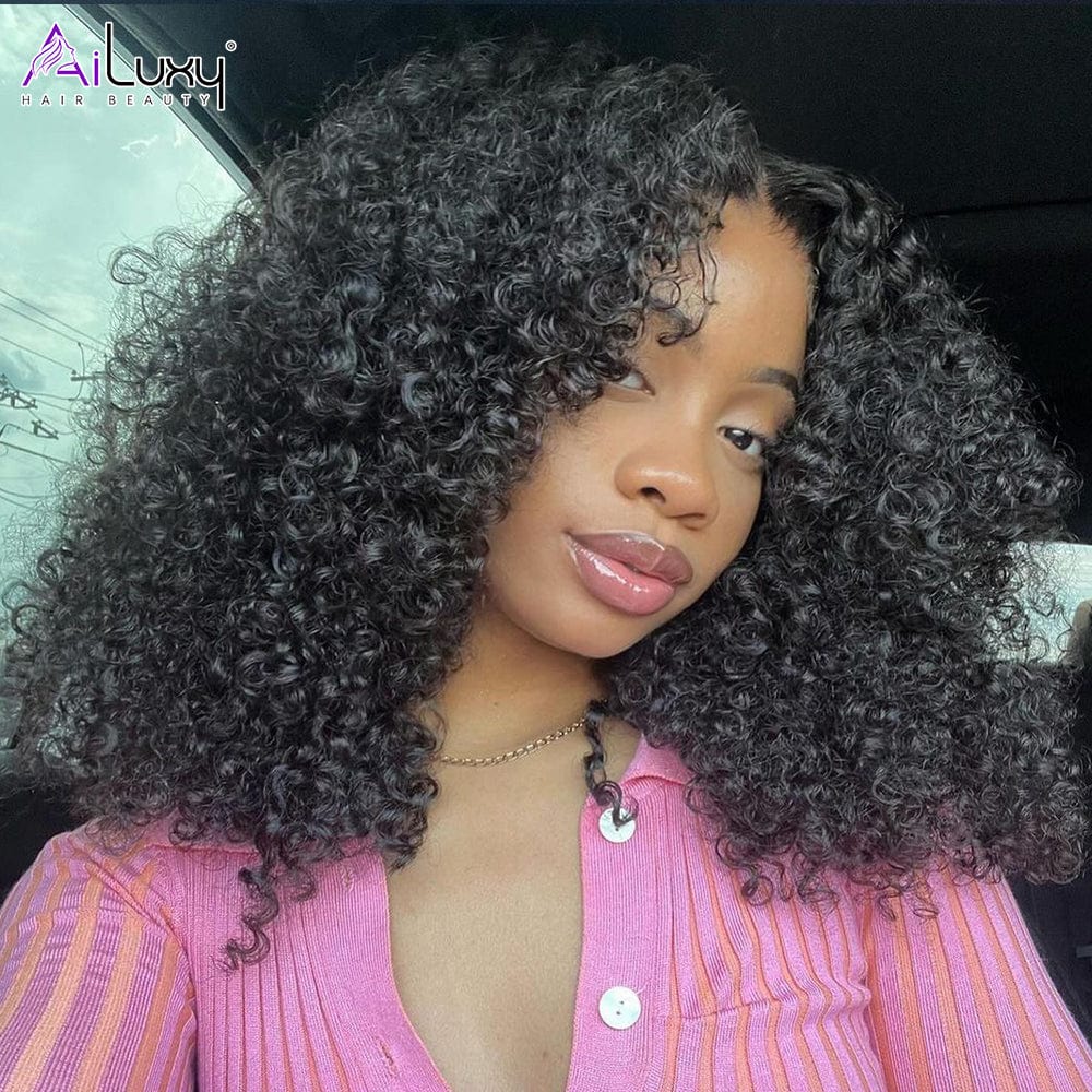 AILUXY Perruque Sans Colle 13x4 Lace Closure Perruque BOB Curly 200% densité 100% Cheveux humains comme sur la vidéo 2 - 3 jours reçus+Un beau cadeau