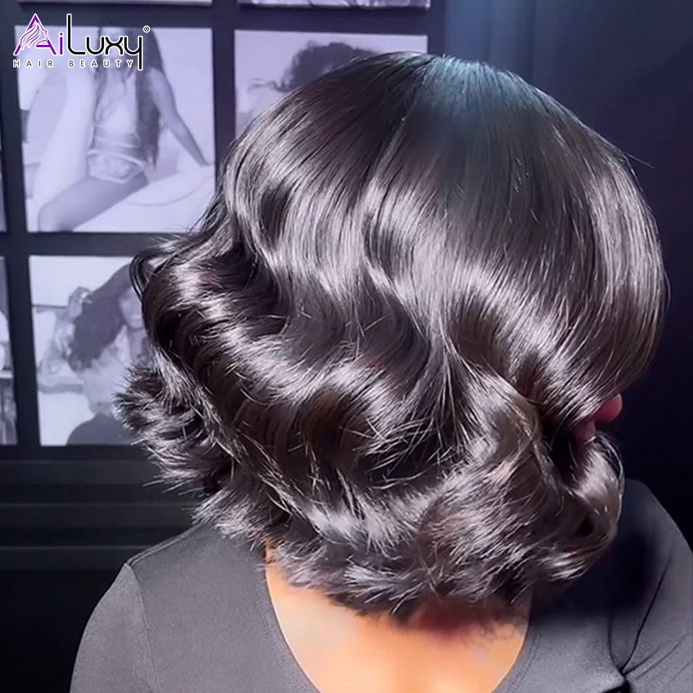 AILUXY 4x4 Lace Closure Perruque BOB Perruque Natural Wave Courte Couleur naturelle 200% densité 100% Cheveux humains comme sur la vidéo 2 - 3 jours reçus+Un beau cadeau