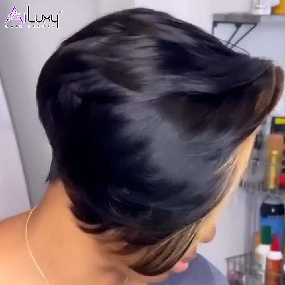 AILUXY 4x4 Lisse Courte Perruque Robin 100% Cheveux Humains 100% Cheveux Humains comme sur la vidéo 2 - 3 jours reçus+Un beau cadeau