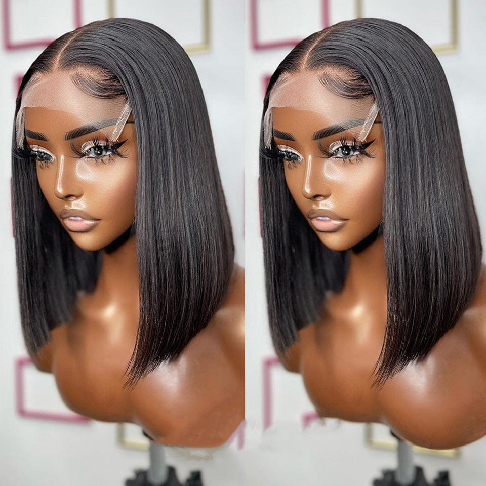 AILUXY 4x4 Lace Closure Perruque Lisse Bob Perruque Courte Noire 200% densité 100% cheveux humains