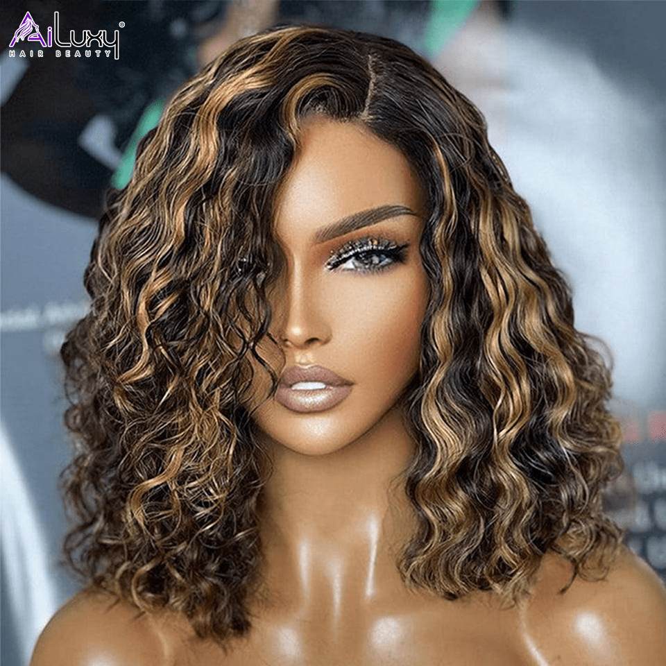 AILUXY 13x4 Lace Frontal Bob 200% densité Perruque Curly Courte Perruque 100% Cheveux Humains