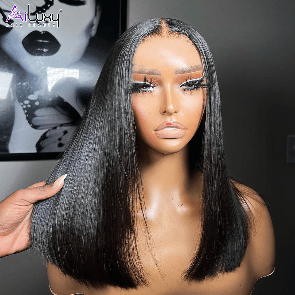 AILUXY Perruque Sans Colle 4x4 Lace Closure Perruque BOB Perruque Lisse 200% densité 100% Cheveux humains  comme sur la vidéo 2 - 3 jours reçus+Un beau cadeau