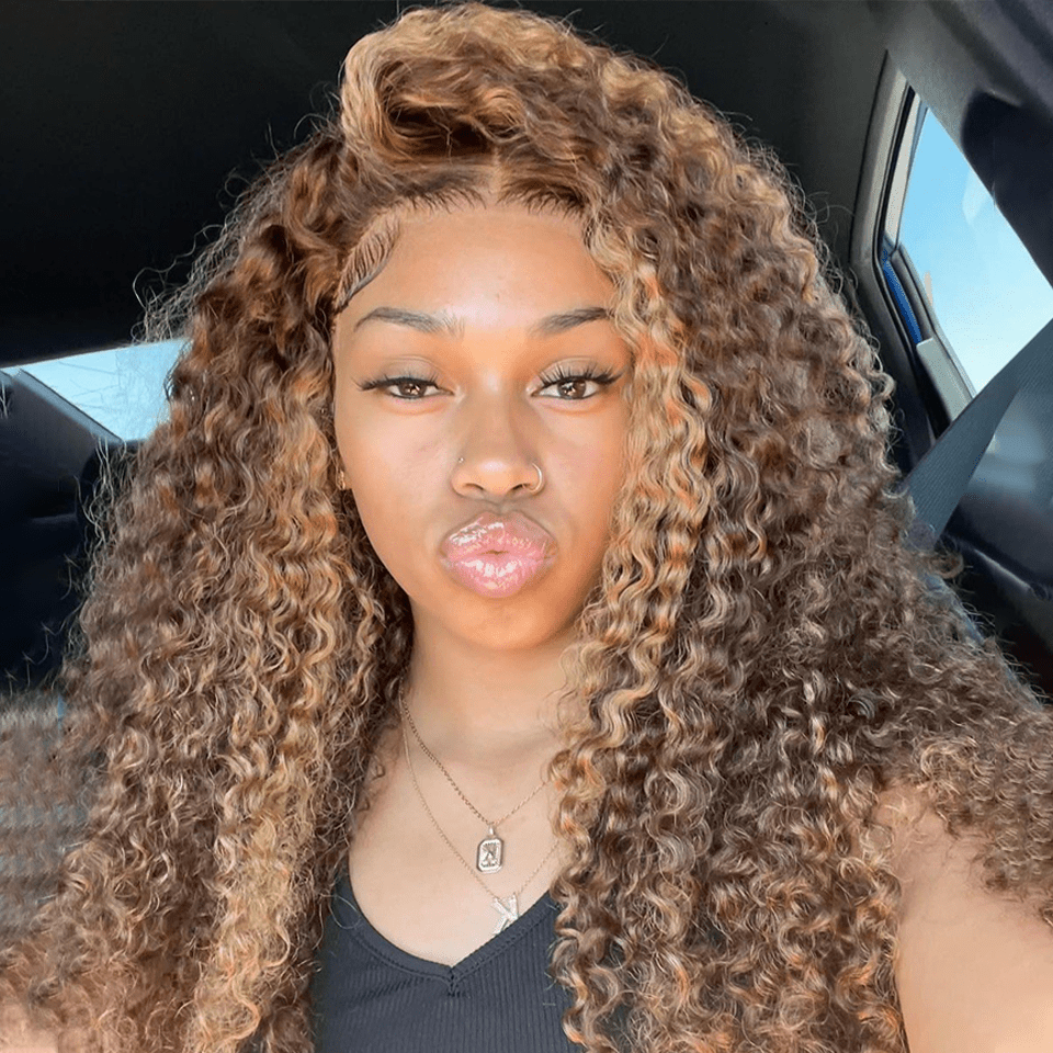 Sans Colle AILUXY 13x4 Lace Frontal Brun Aux Reflets Blonds Bouclé Longue Perruque 100% Cheveux Humains Densité 200%