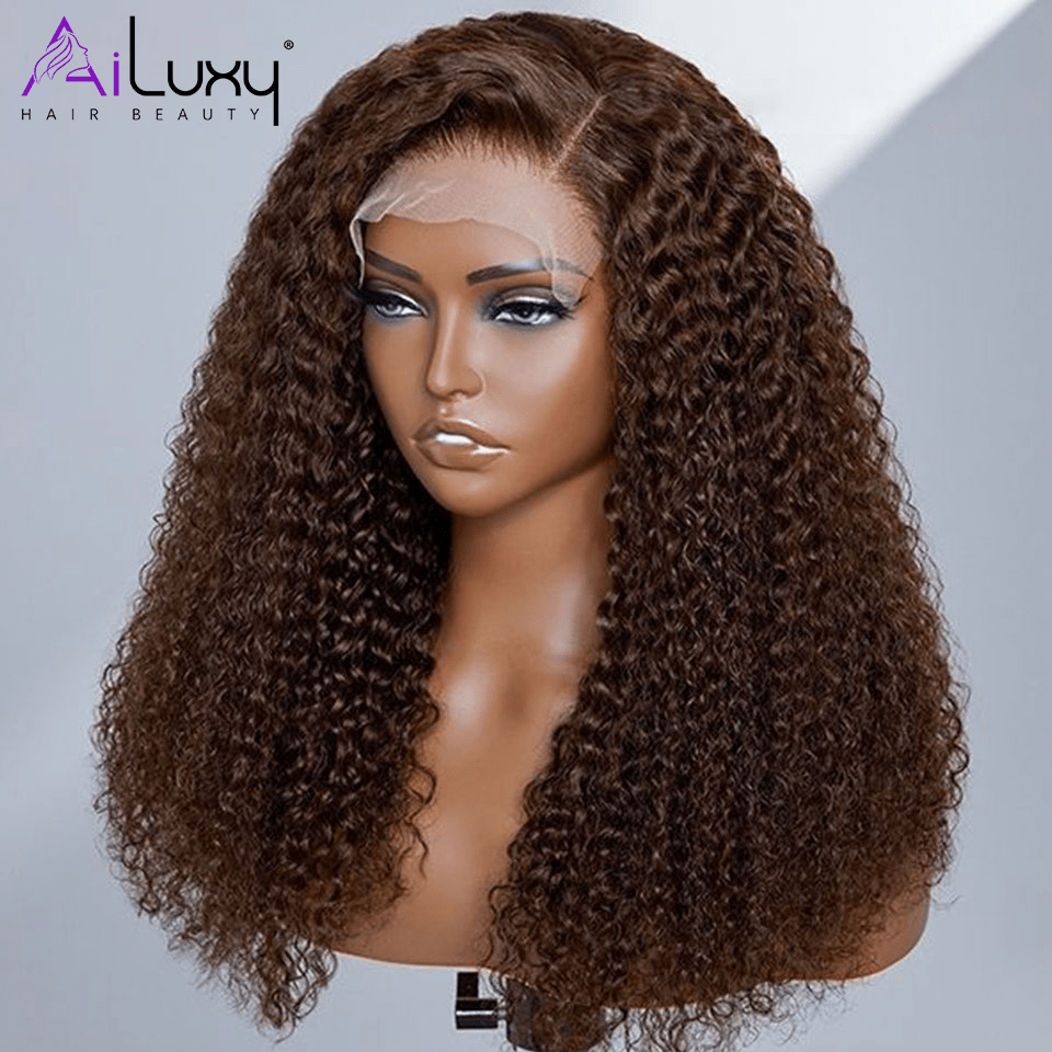 AILUXY 4x4 Lace Closure Bouclé Marron Bob Perruque 100% Cheveux Humains