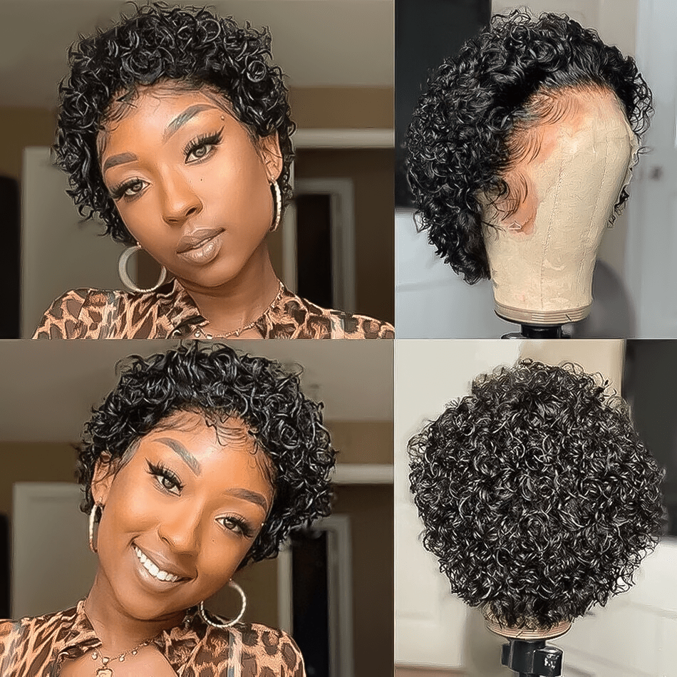 AILUXY T Part Lace Bouclé Noir Bob Perruque 100% Cheveux Humains Perruque 200% densité 100% cheveux humains comme sur la vidéo 2 - 3 jours reçus+Un beau cadeau