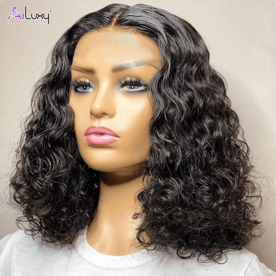 AILUXY Perruque Sans Colle 4x4 Lace Closure Perruque BOB Deep Wavy 200% densité 100% Cheveux humains