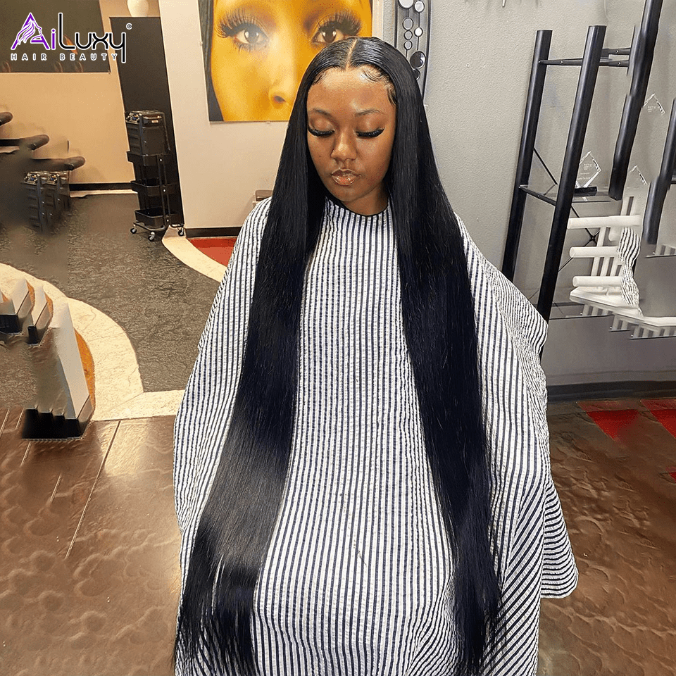 AILUXY Perruque Sans Colle 200%Densité 4X4 Lace Frontal Lisse Perruque  200% densité Vrais Cheveux Humains