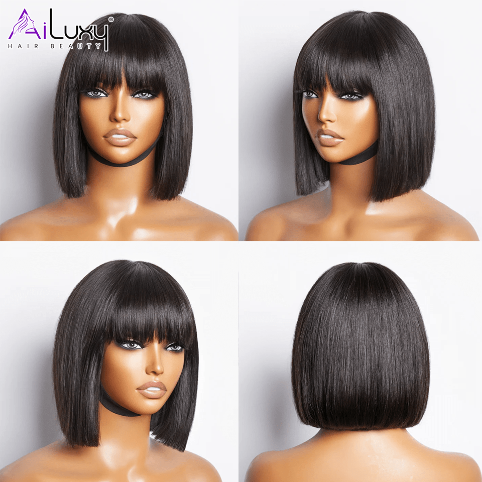 AILUXY Lisse Noir Bob Perruque Avec Frange 100% Cheveux Humains