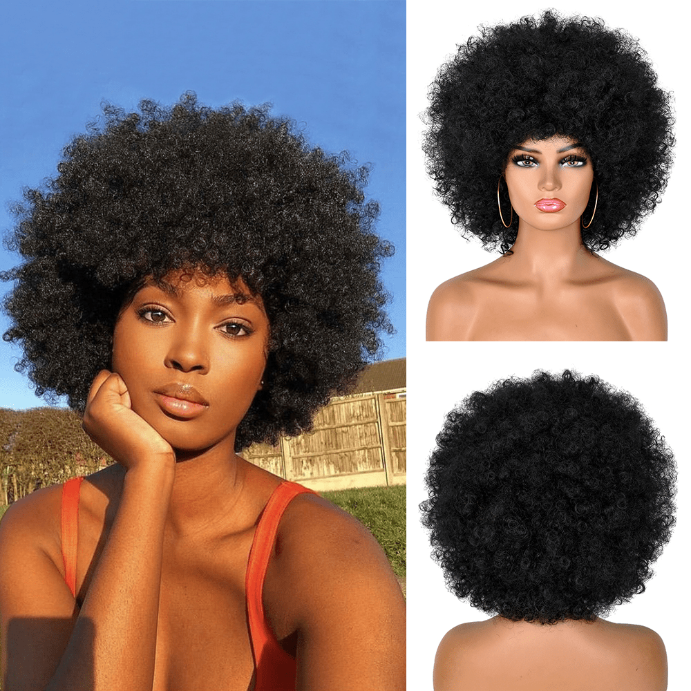 AILUXY Afro Curl Noir Courte Perruque 100% Cheveux Humains