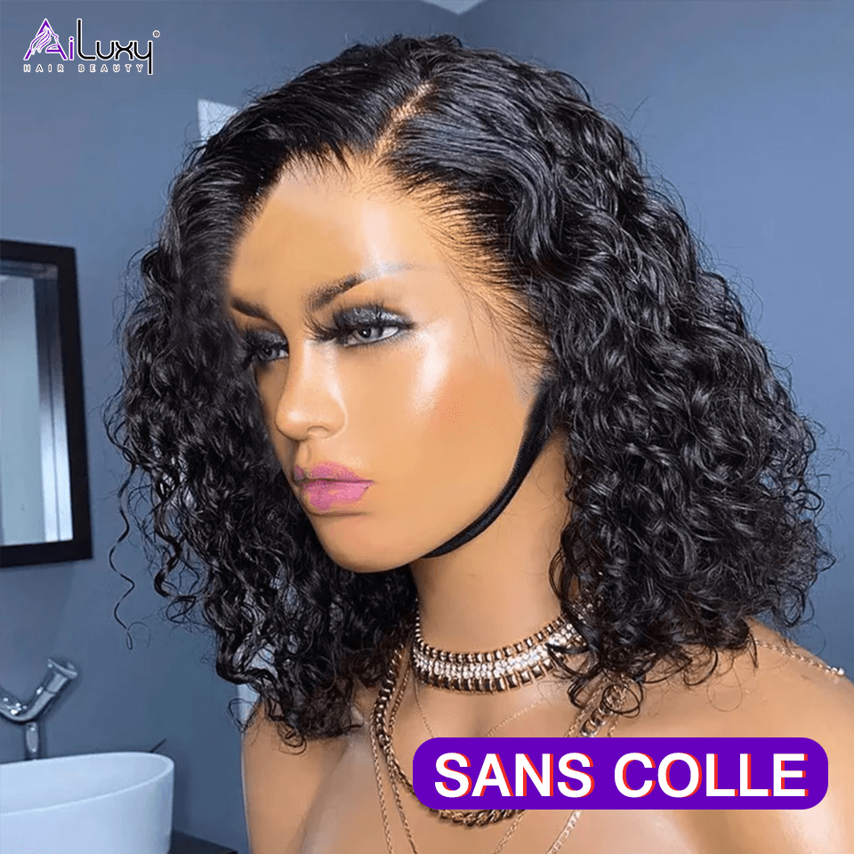 AILUXY Perruque Sans Colle 4x4 Lace Closure Perruque BOB Deep Wavy 200% densité 100% Cheveux humains