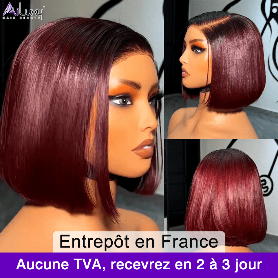 AILUXY 13x4 Lace Perruque Lisse Bob Perruque Courte 1B/99J 200% densité 100% cheveux humains comme sur la vidéo 2 - 3 jours reçus+Un beau cadeau