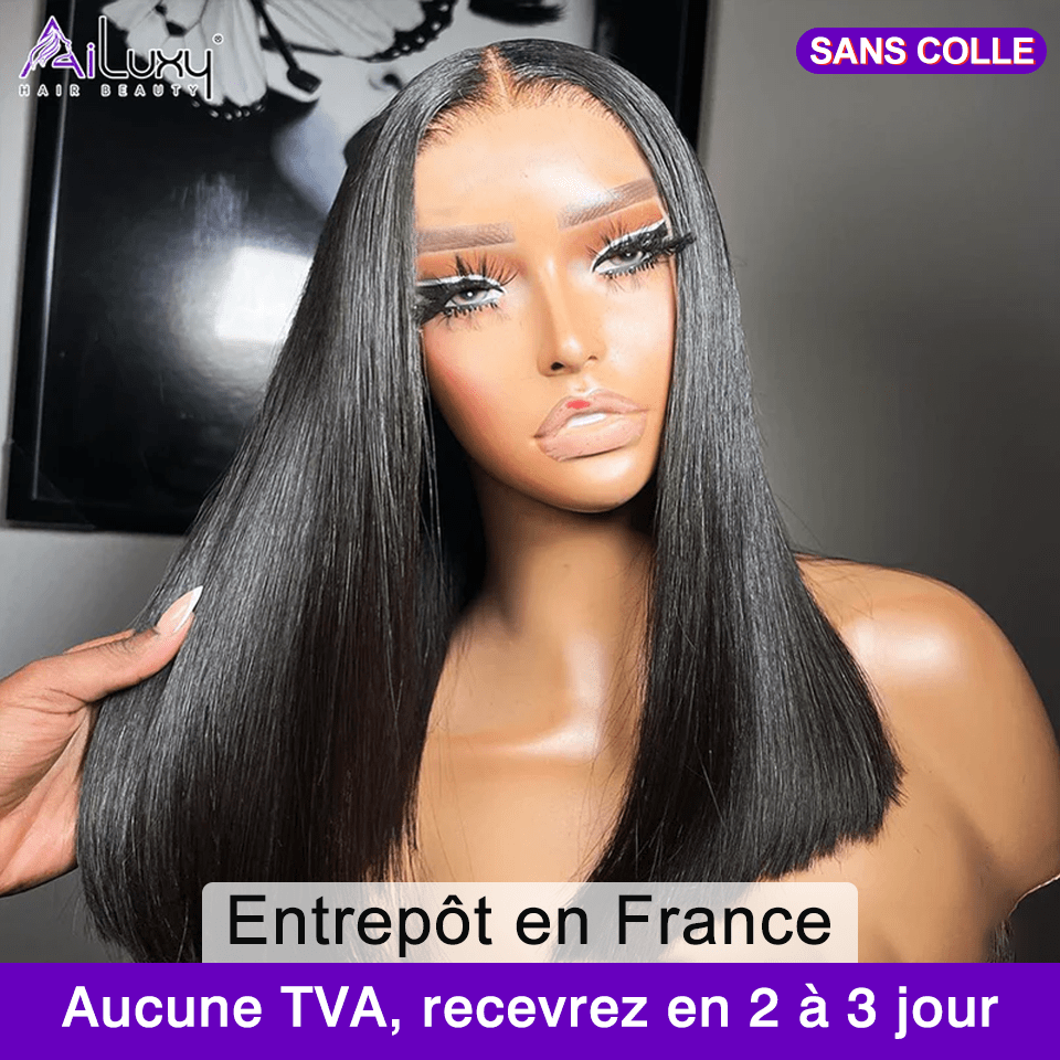 AILUXY Perruque Sans Colle 4x4 Lace Closure Perruque BOB Perruque Lisse 200% densité 100% Cheveux humains  comme sur la vidéo 2 - 3 jours reçus+Un beau cadeau