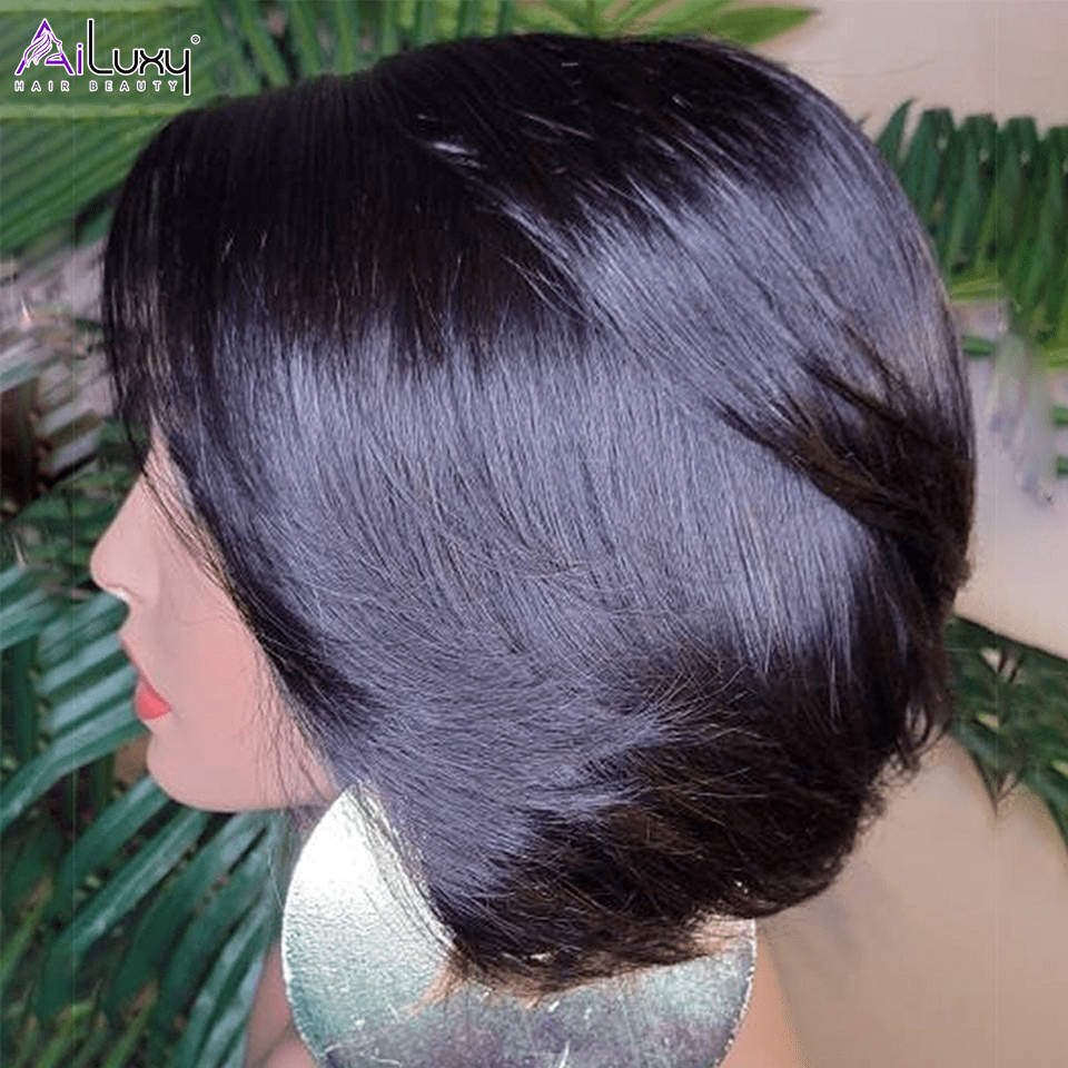 AILUXY 4x4 Lace Perruque Lisse Bob Perruque Courte Noire 200% densité 100% cheveux humains