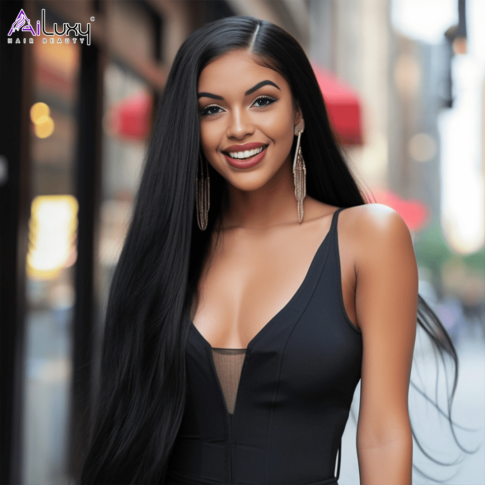 AILUXY Perruque Sans Colle 200%Densité 4X4 Lace Frontal Lisse Perruque  200% densité Vrais Cheveux Humains