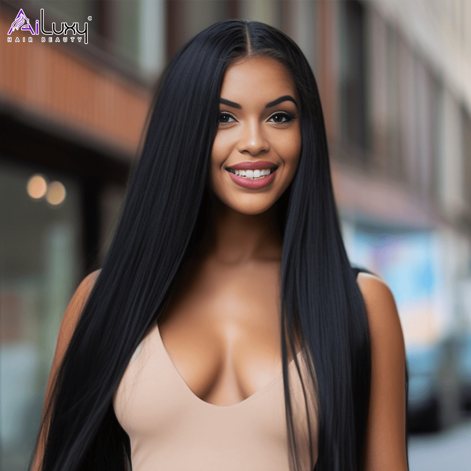 AILUXY Perruque Sans Colle 200%Densité 4X4 Lace Frontal Lisse Perruque  200% densité Vrais Cheveux Humains