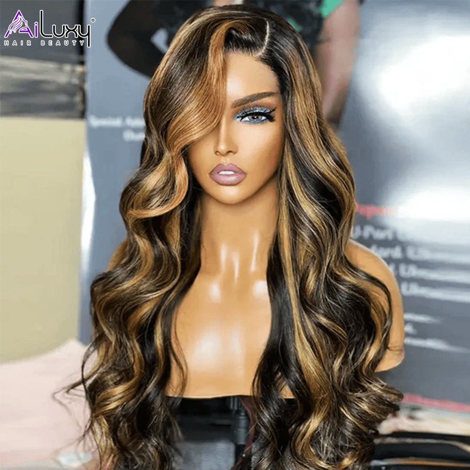 AILUXY 13x4 Lace Frontal Body Wave Longue Brun Balayage Miel #1B#27 Perruque 100% Cheveux Humains