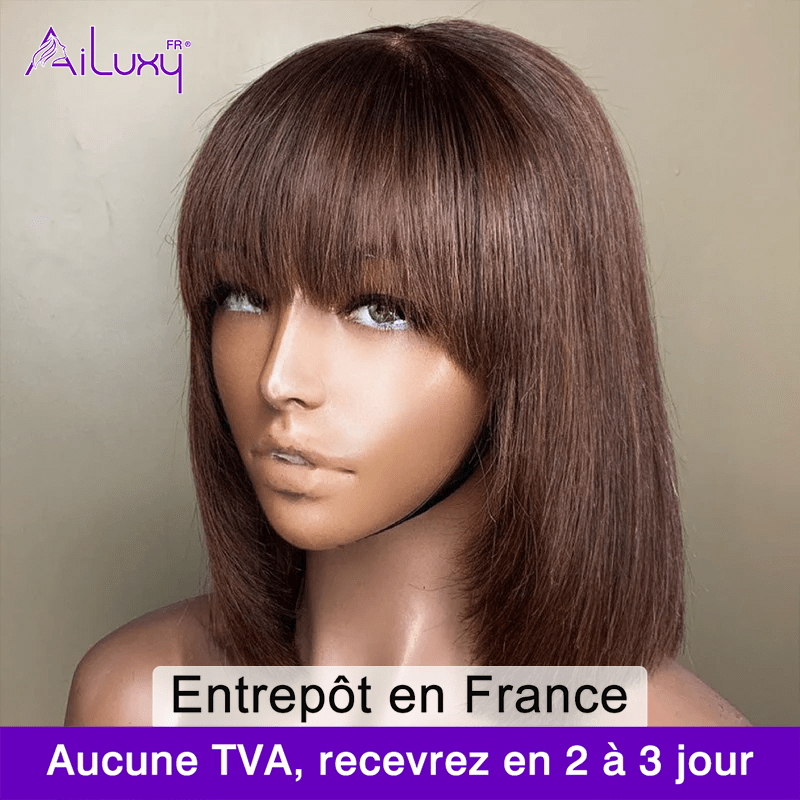 AILUXY Lisse Marron Bob Perruque Avec Frange Perruque 100% Cheveux Humains