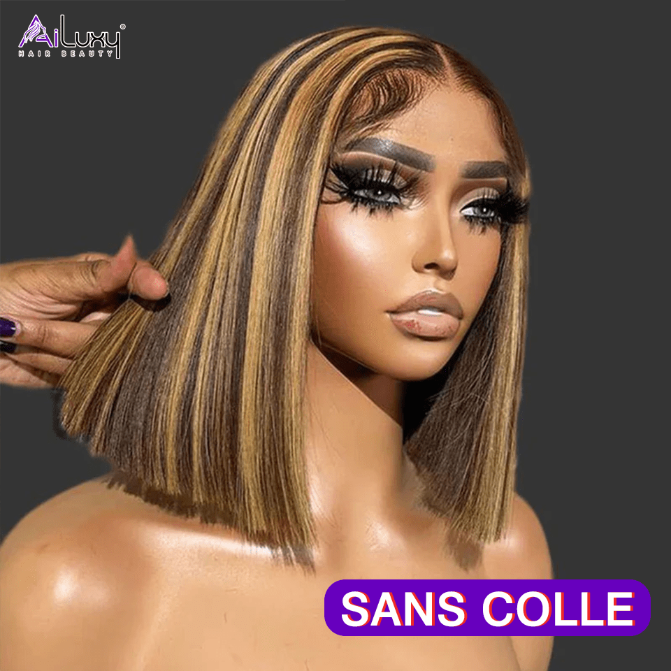 AILUXY Perruque Sans Colle 13x4 Lace Closure Perruque BOB Perruque Lisse 200% densité 100% Cheveux humains