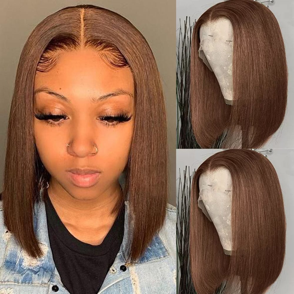 AILUXY 13x4 Lace Frontal Brun Lisse Bob Perruque 100% Cheveux Humains