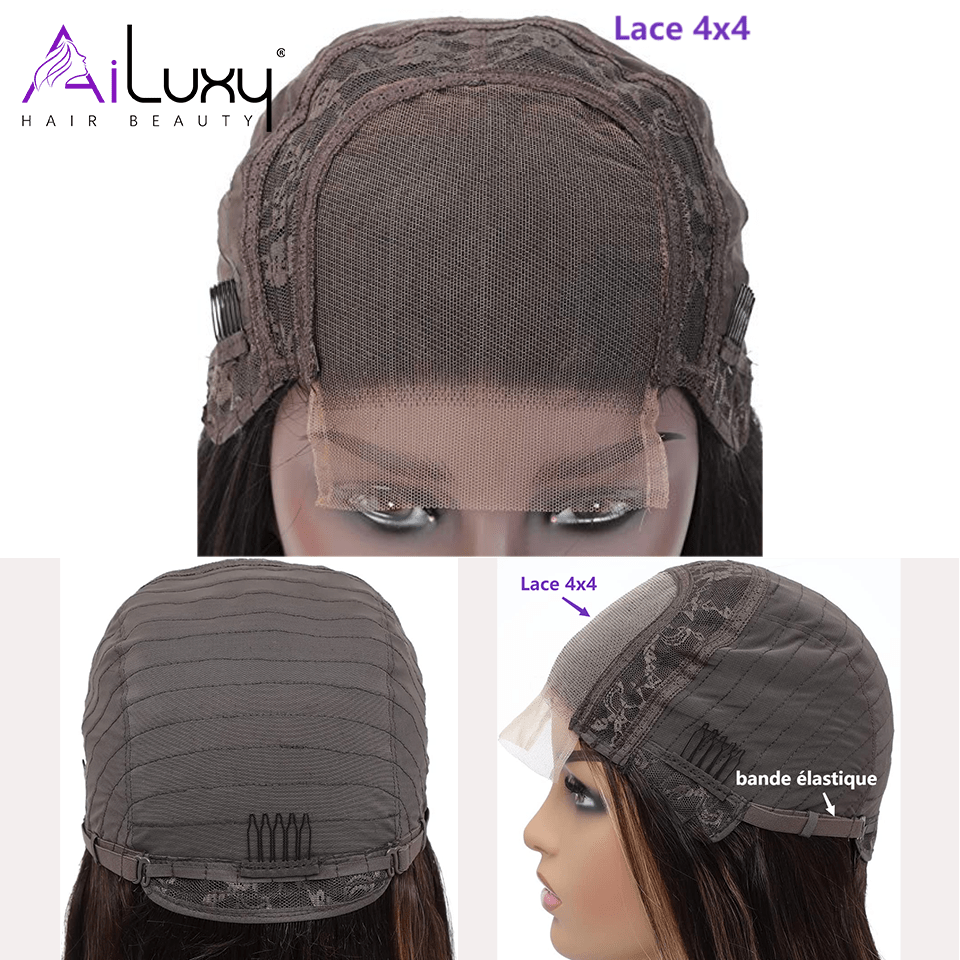 AILUXY 4x4 Lace Closure Perruque Longue Lisse Noir 100% Cheveux Humains