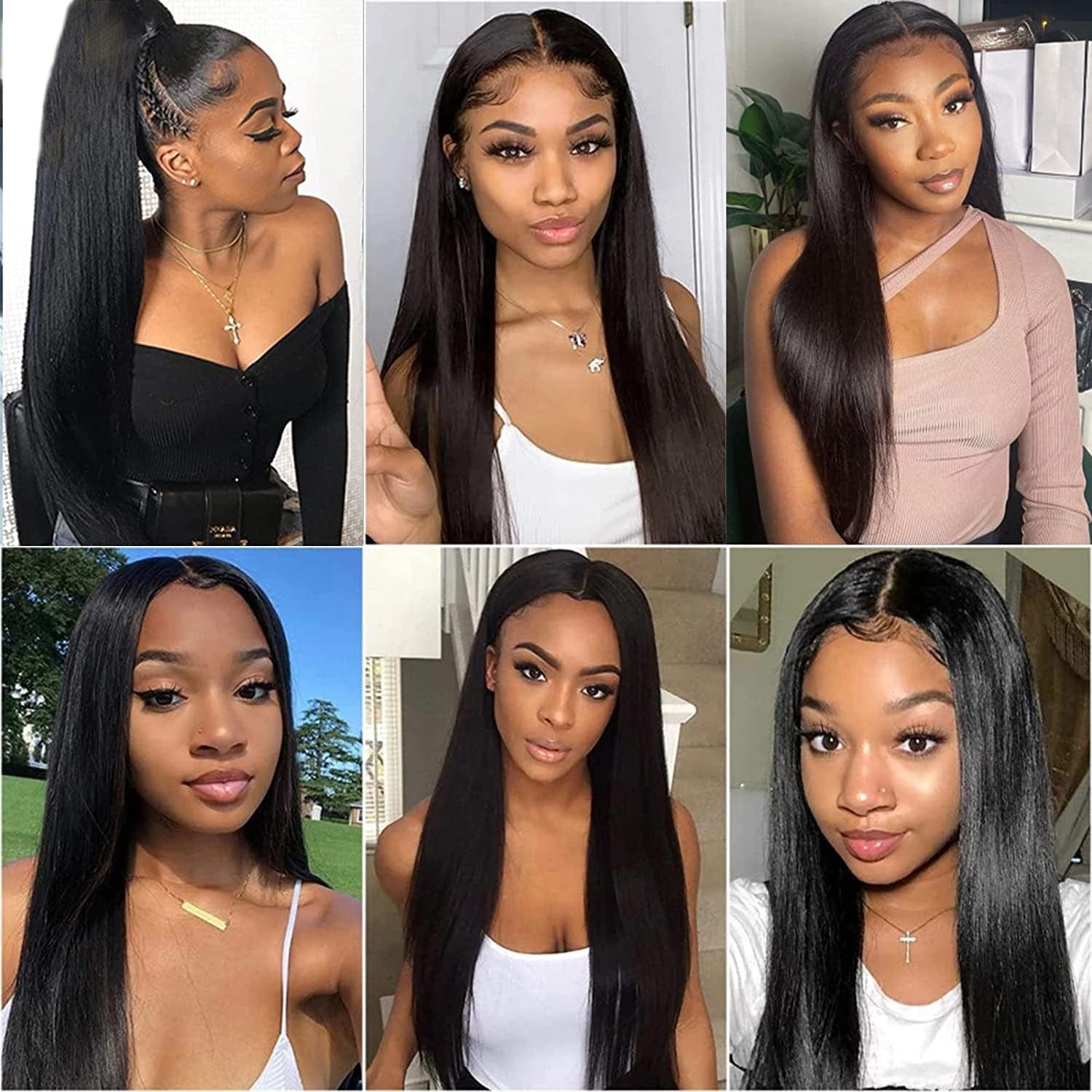 AILUXY 13x4 HD Lace Frontal Perruque Lisse Longue Noir 100% Cheveux Humains