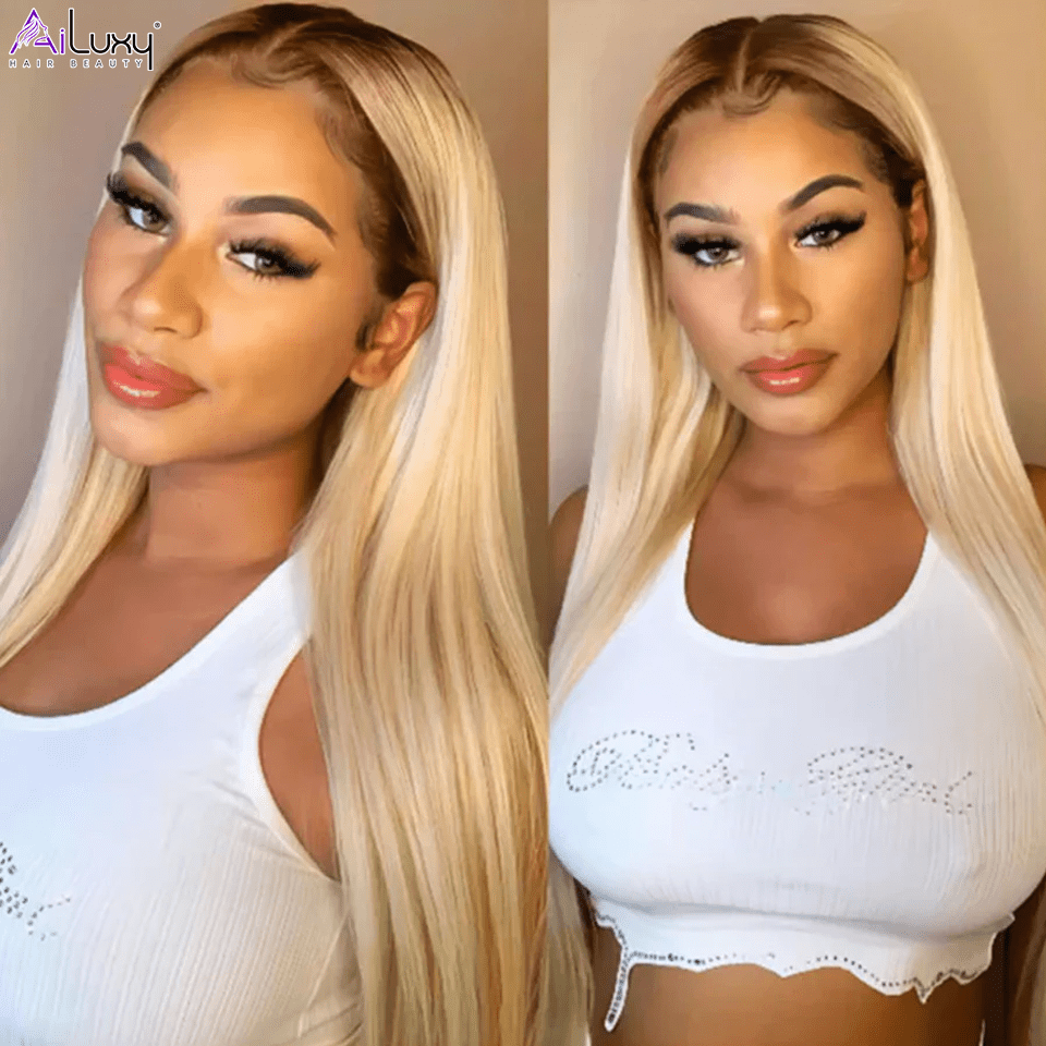 AILUXY 13x4 Lace Frontal Brun Balayage Blond #4#613 Lisse Perruque 100% Cheveux Humains