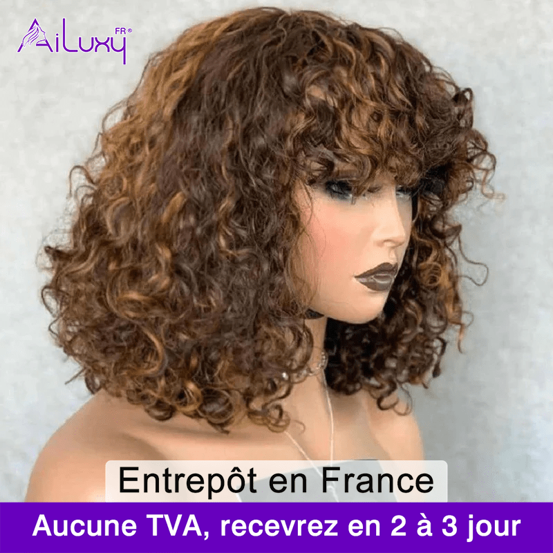 AILUXY Brun Balayage Miel Bouclé Courte Perruque Avec Frange 100% Cheveux Humains