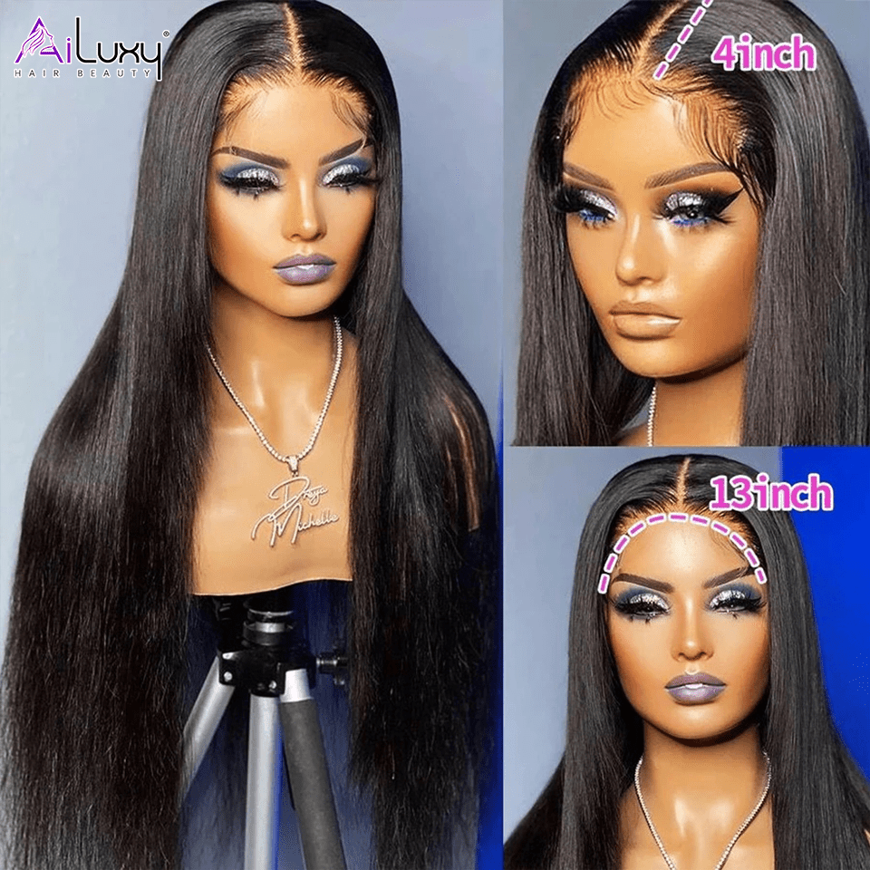 AILUXY Perruque Sans Colle 200%Densité 4X4 Lace Frontal Lisse Perruque  200% densité Vrais Cheveux Humains