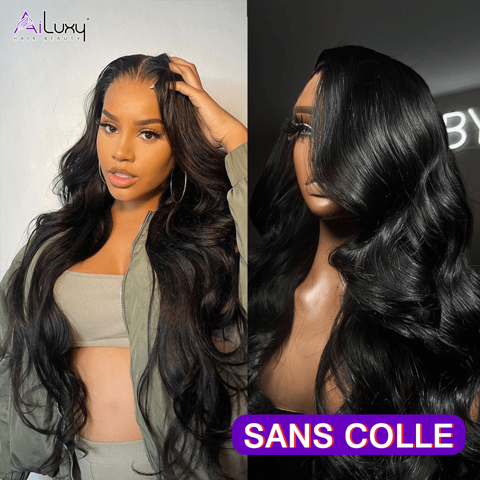 AILUXY Perruque Sans Colle 13x6 Lace Frontal Perruque Body Wave  200% densité Vrais Cheveux Humains