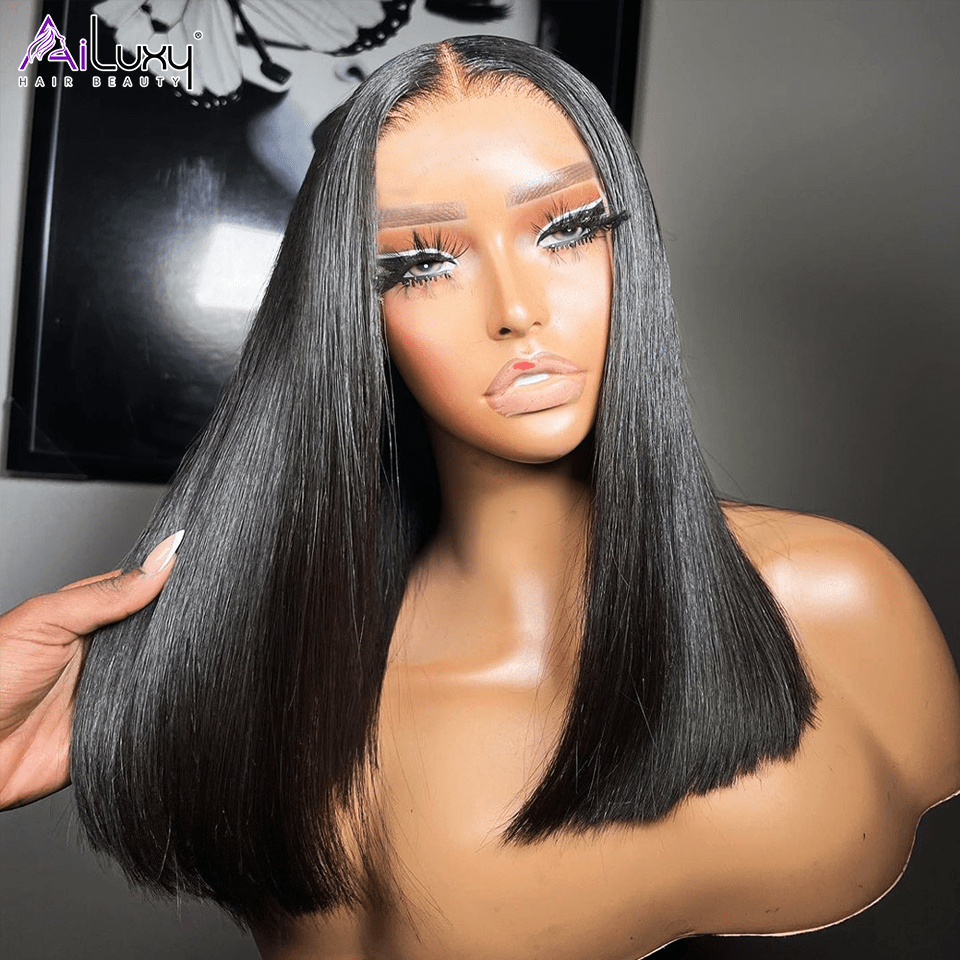 AILUXY Perruque Sans Colle 13x4 Lace Closure Perruque BOB Perruque Lisse 200% densité 100% Cheveux humains comme sur la vidéo 2 - 3 jours reçus+Un beau cadeau