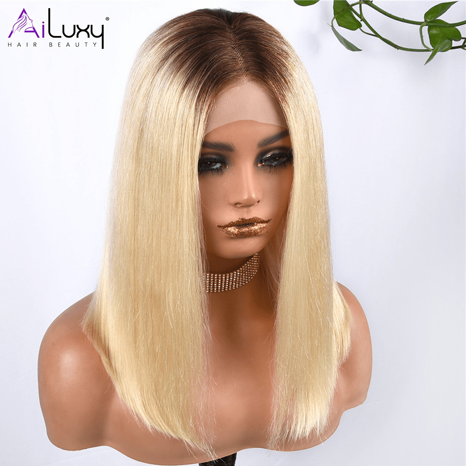 AILUXY 4x4 Lace Closure Blond Avec Racine Marron Lisse Courte Bob Perruque 100% Cheveux Humains