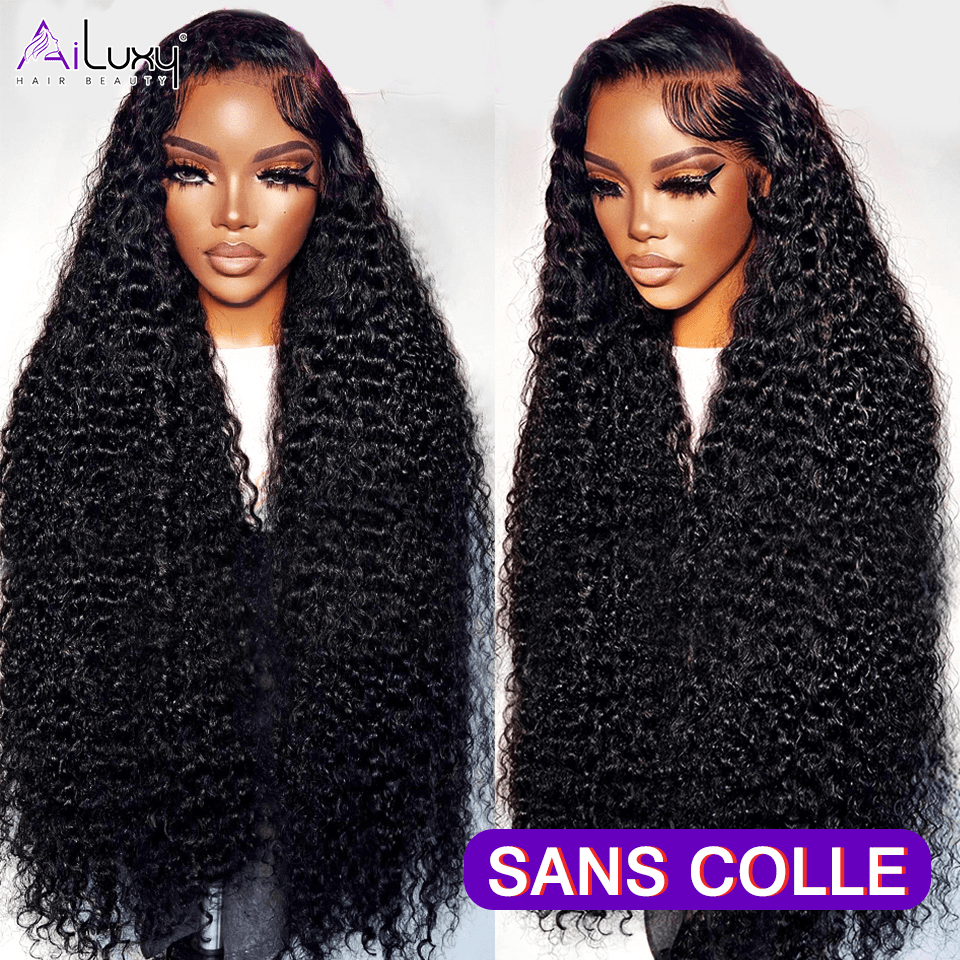 AILUXY Perruque Sans Colle 13x6 Lace Frontal Perruque Curly  200% densité Vrais Cheveux Humains