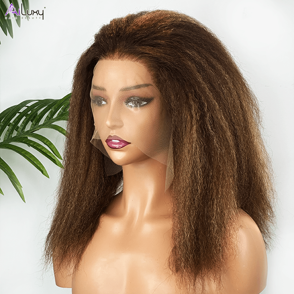 AILUXY 13x4 Lace Frontal Perruque Kinky Lisse Longue #4/27 200% Densité 100% Cheveux Humains