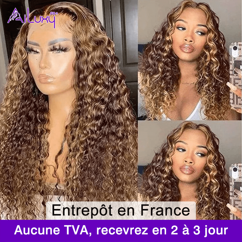 Sans Colle AILUXY 13x4 Lace Frontal Deep Wave Brun Balayage Miel Perruque 100% Cheveux Humains