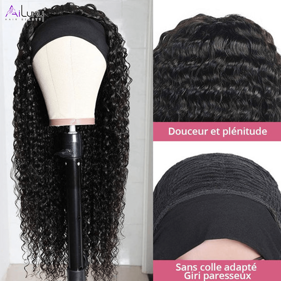 AILUXY Perruque Bandeau Bouclé Longue Noir Perruque 100% Cheveux Humains Densité 200%