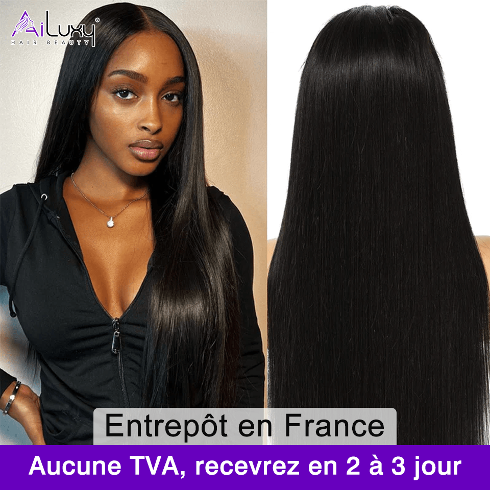 AILUXYhair 4x4 Lace Closure Perruque Longue Lisse Noir 100% Cheveux Humains