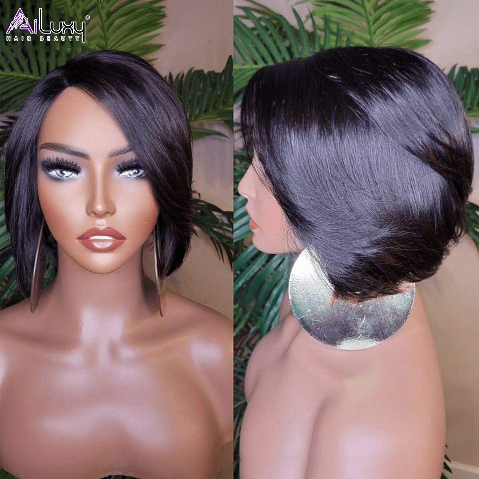 AILUXY 4x4 Lace Perruque Lisse Bob Perruque Courte Noire 200% densité 100% cheveux humains