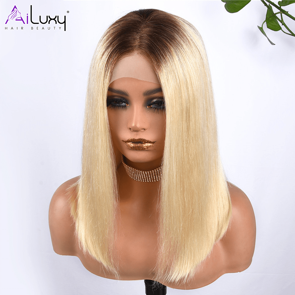 AILUXY 4x4 Lace Closure Blond Avec Racine Marron Lisse Courte Bob Perruque 100% Cheveux Humains