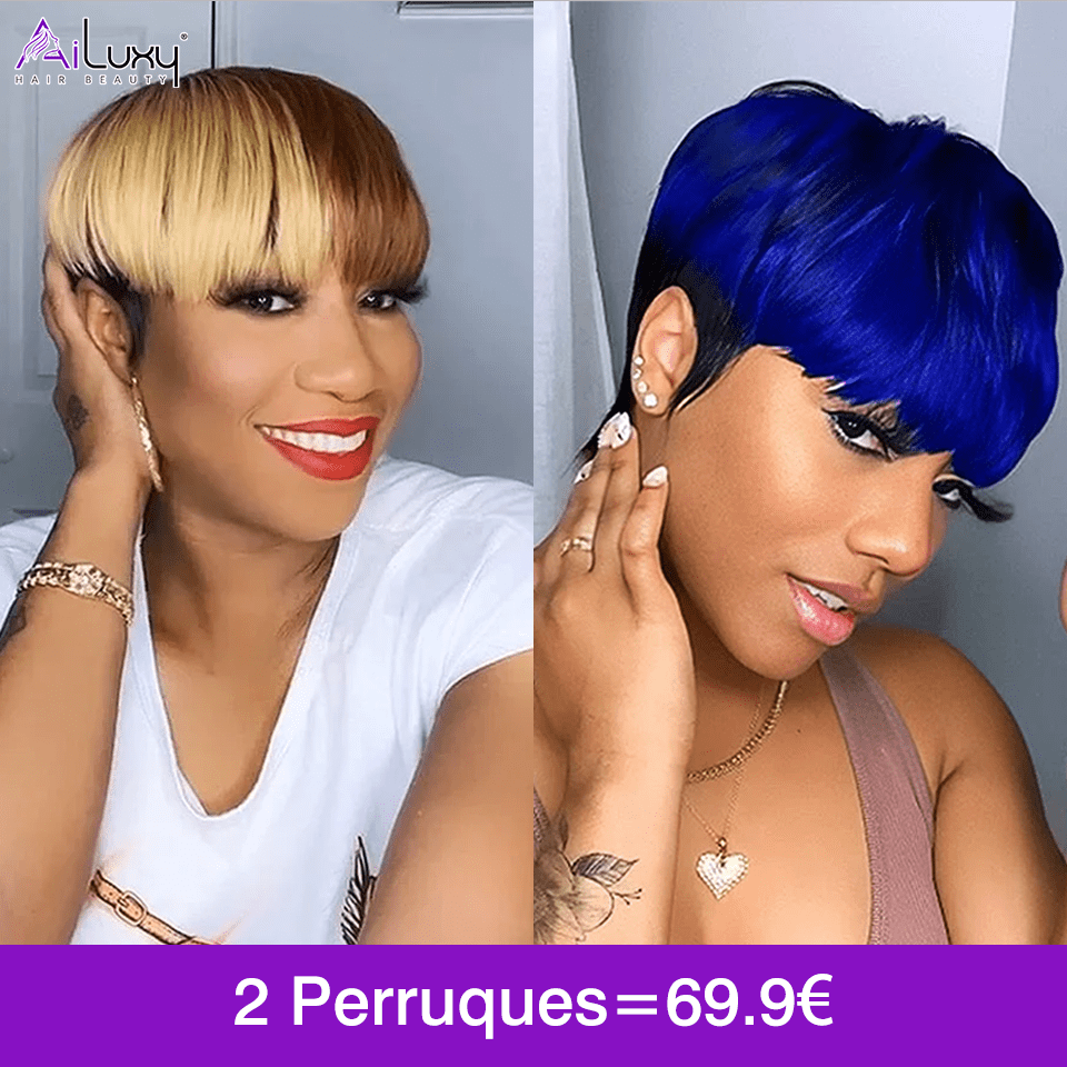 AILUXY Lisse Courte bicolore brun-doré et bleu Perruque 100% Cheveux Humains comme sur la vidéo 3 - 4 jours reçus+Un beau cadeau