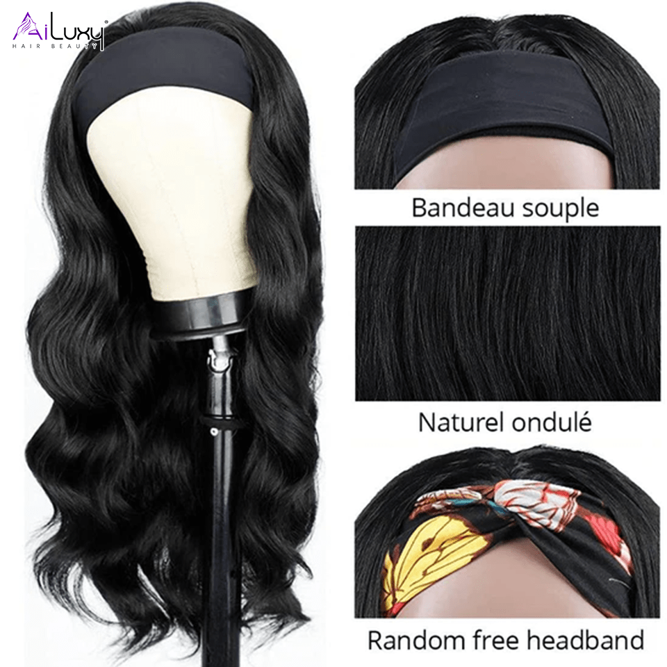 AILUXY Perruque Bandeau Body Wave Longue Noir Perruque 100% Cheveux Humains Densité 200%