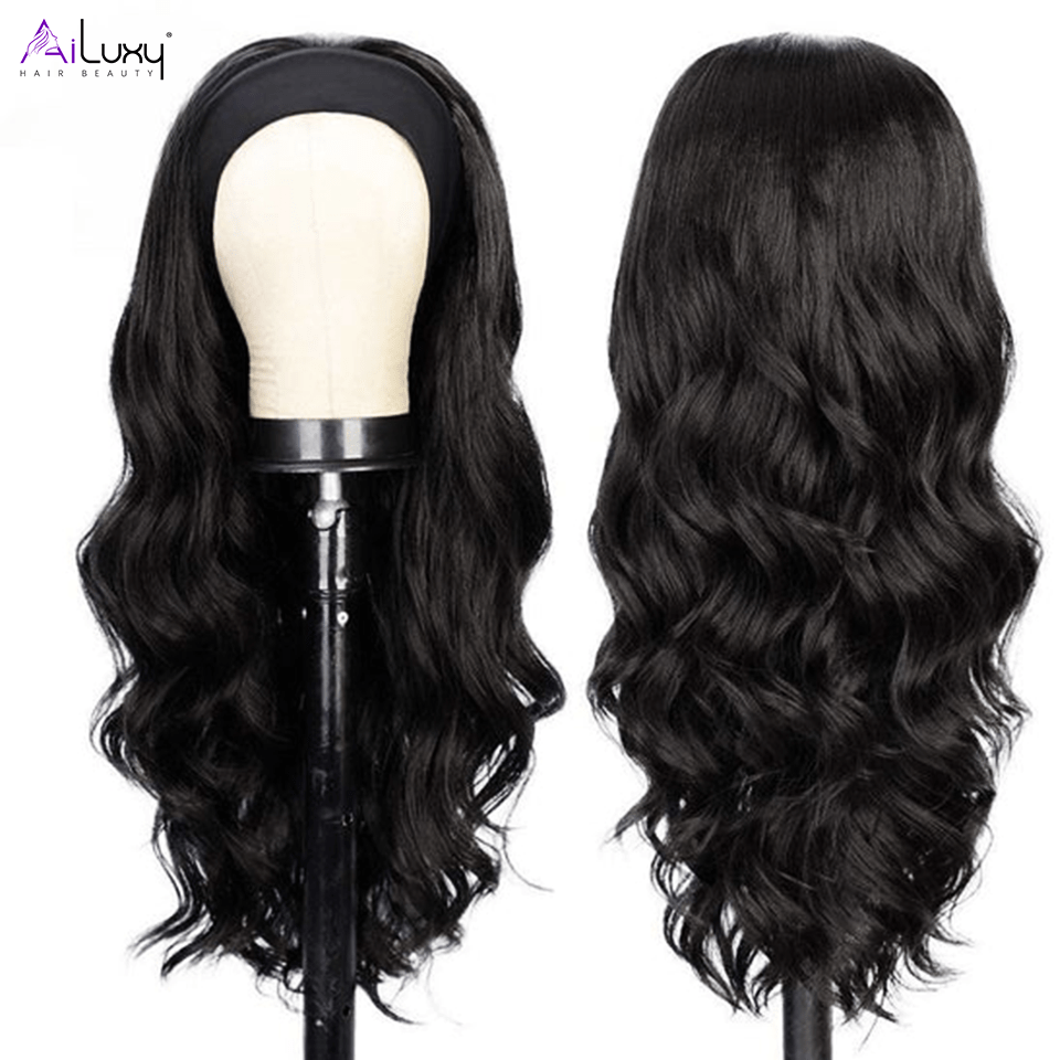 AILUXY Perruque Bandeau Body Wave Longue Noir Perruque 100% Cheveux Humains Densité 200%