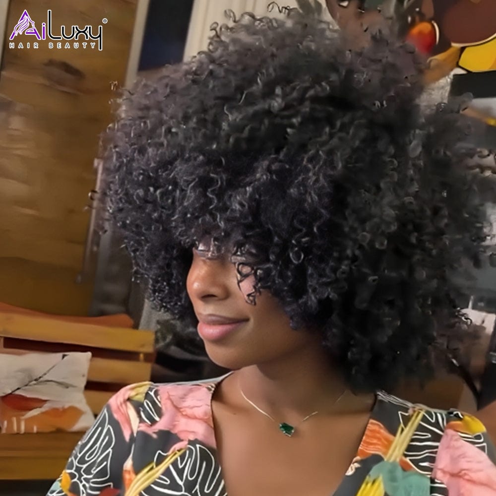 (En france)AILUXY Curly Noir Bob Perruque Avec Frange 100% Cheveux Humains comme sur la vidéo 2 - 3 jours reçus+Un beau cadeau