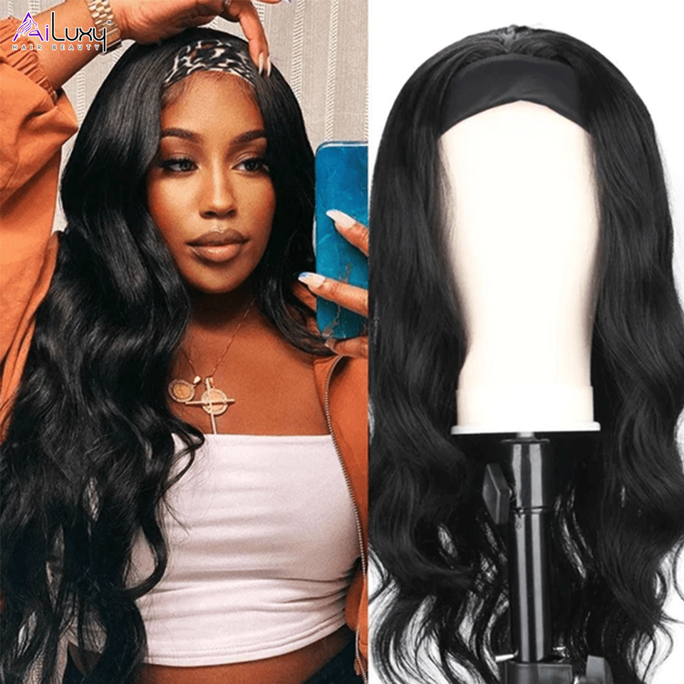 AILUXY Perruque Bandeau Body Wave Longue Noir Perruque 100% Cheveux Humains Densité 200%