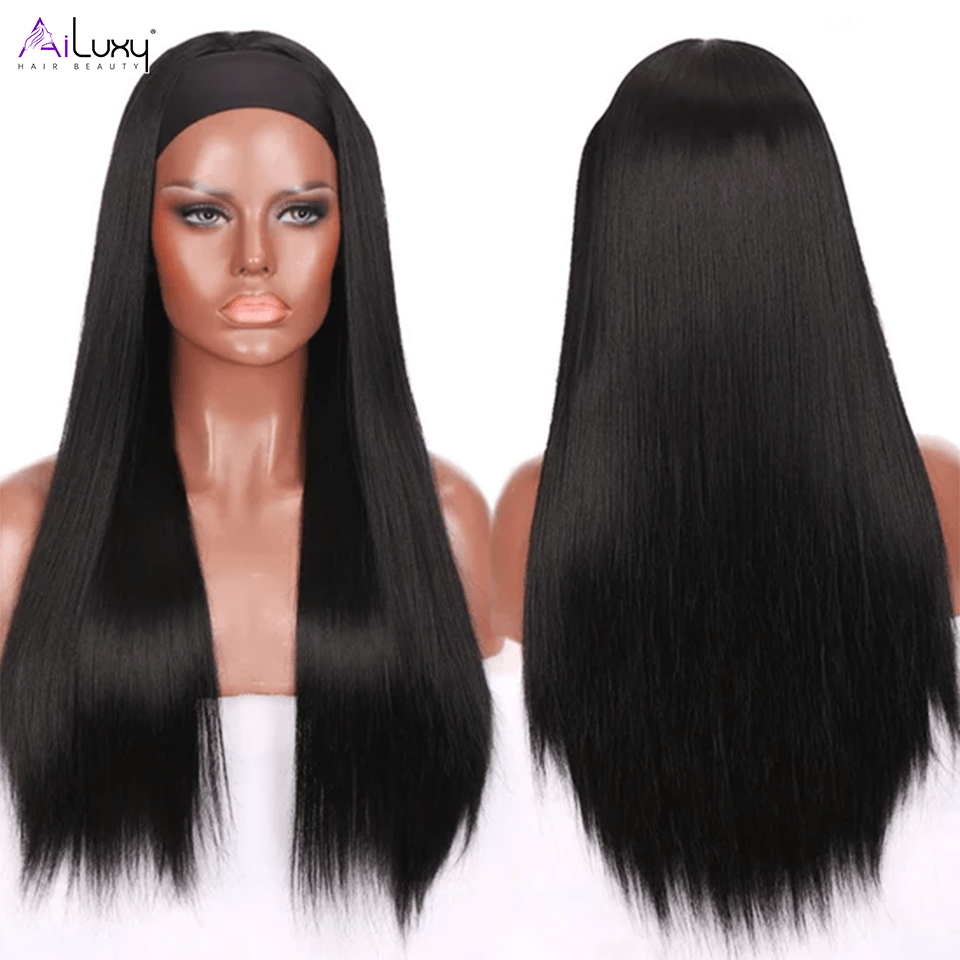 AILUXY Perruque Bandeau Lisse Longue Noir Perruque 100% Cheveux Humains Densité 200%