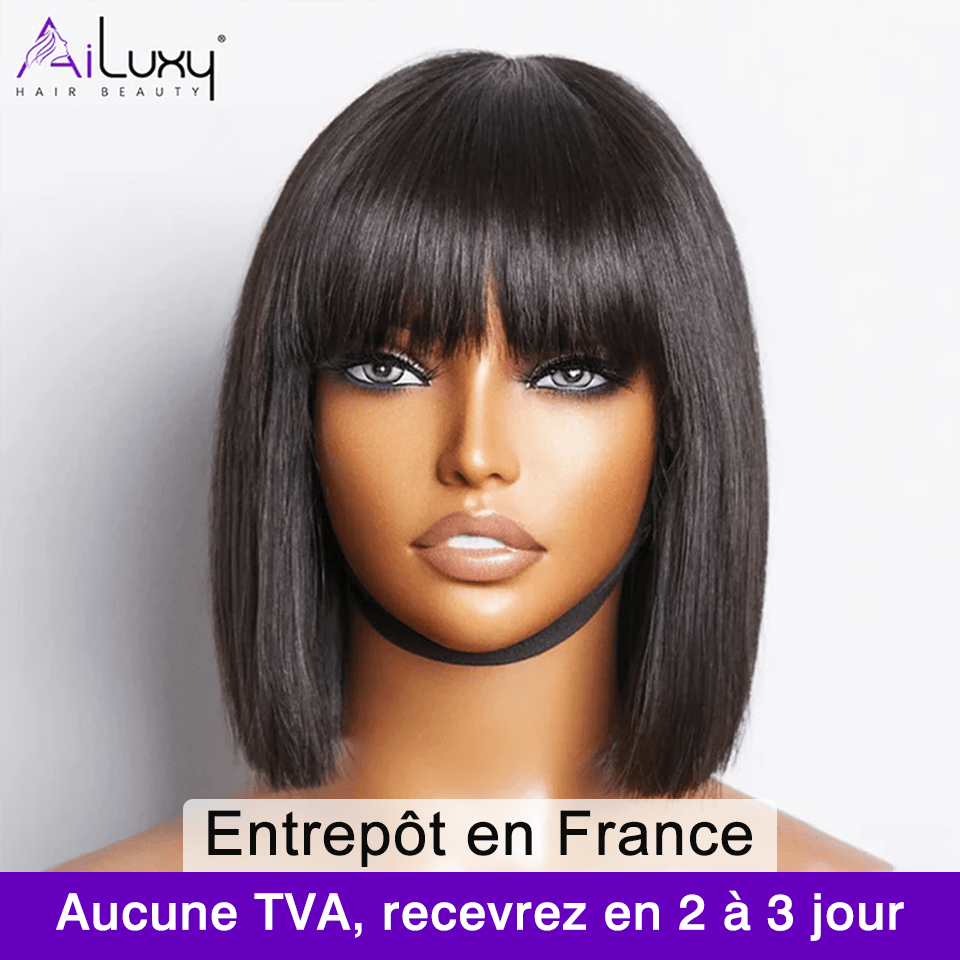 AILUXY Lisse Noir Bob Perruque Avec Frange 100% Cheveux Humains