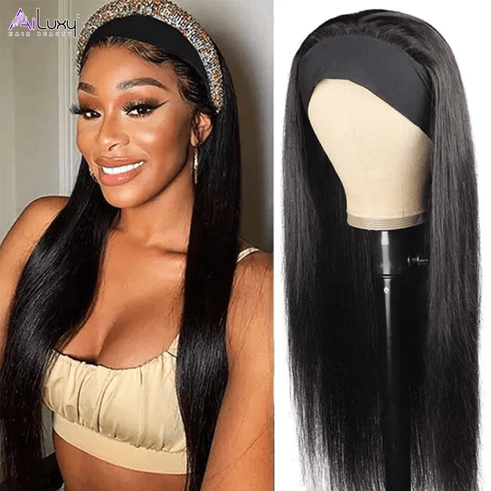 AILUXY Perruque Bandeau Lisse Longue Noir Perruque 100% Cheveux Humains Densité 200%