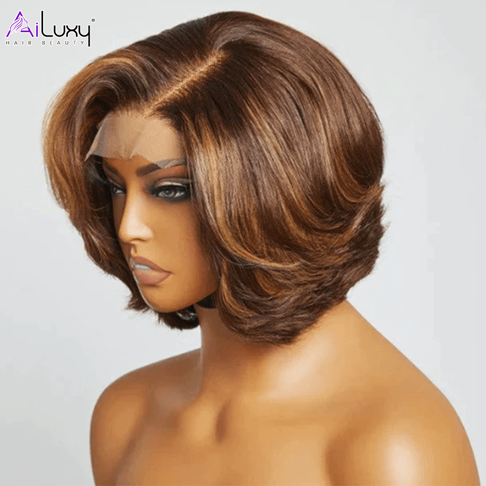 AILUXY 13x4 Lace Frontal Perruque Lisse Courte Bob Perruque 200% Densité P4/27#